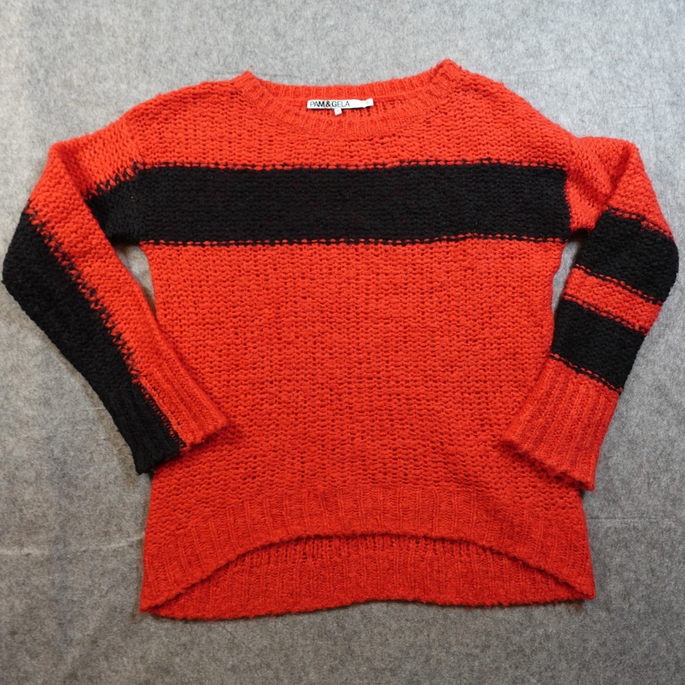 Pam Gela Sweater Womens Small Red Black Block Stripe Crew Neck‎ Chunky Knit Wool - Picture 2 of 10